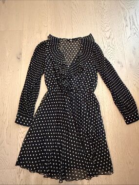 Zara Black Long-Sleeve Polka Dot Wrap Dress